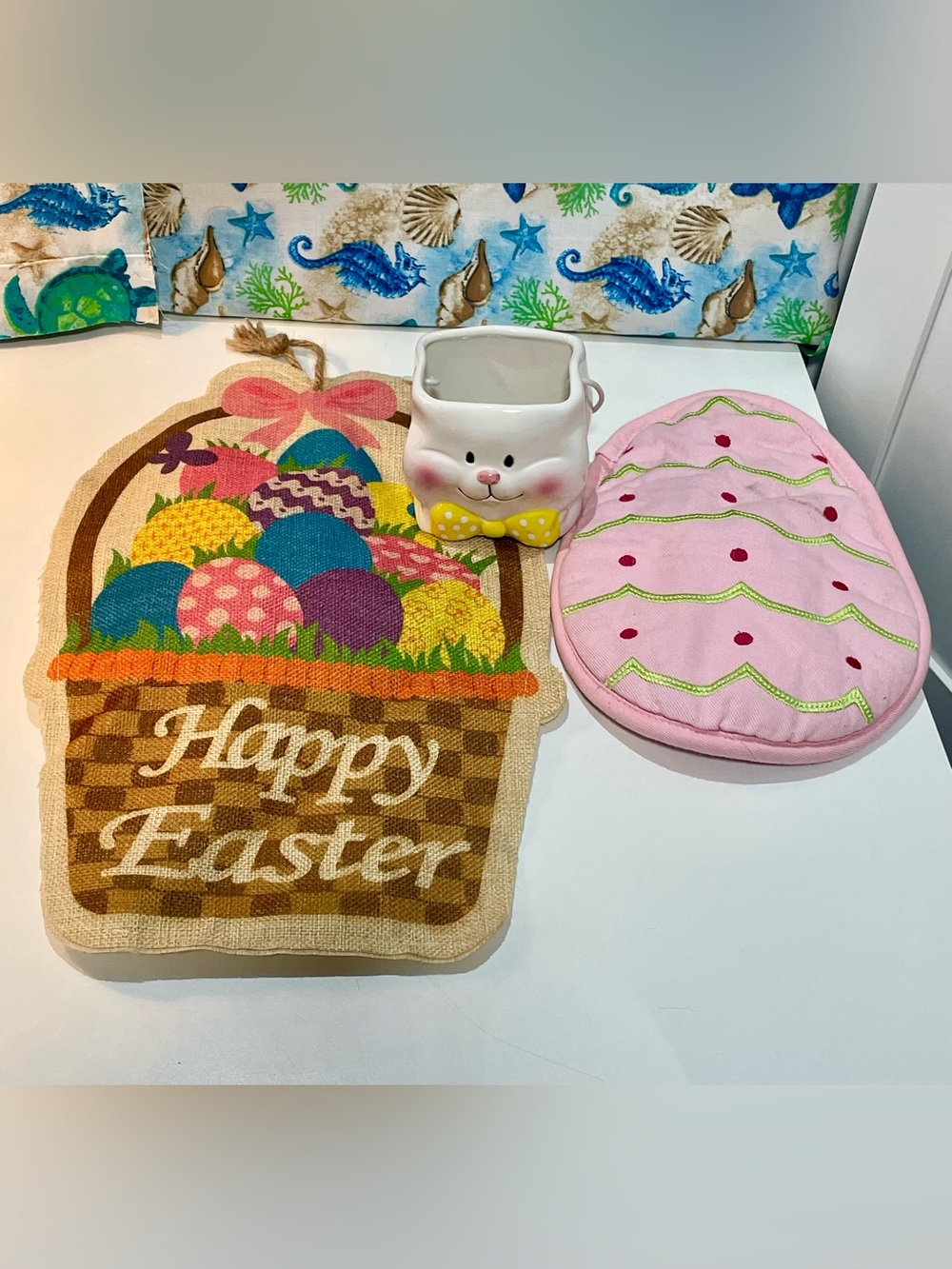 Easter Décor Bundle – Ceramic Basket, Williams Sonoma Pot Holder & Wall Hanging